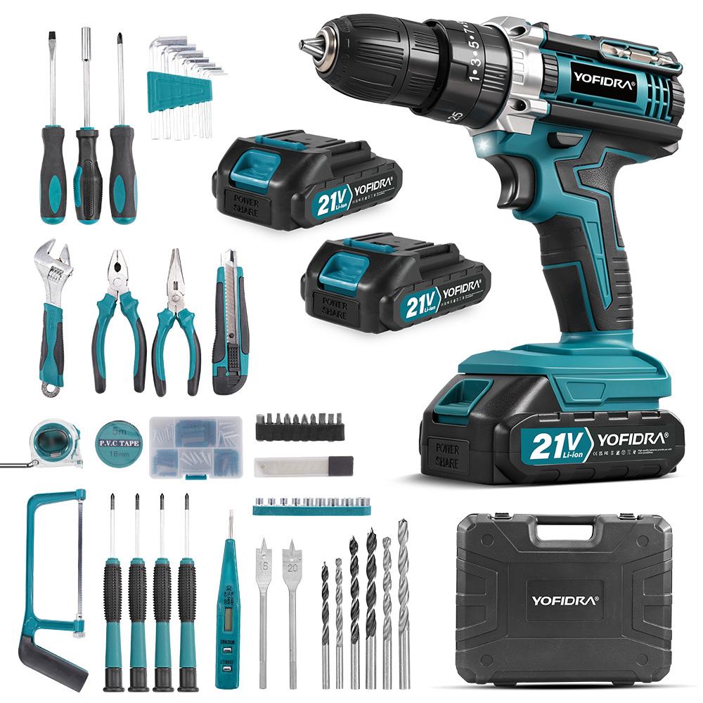 Yofidra 60N.M L 25+3 Torque Electric Impact Dril Cordless Electric Screwdriver With 32/53PCS Tool Kit Power Tool For 21V Battery