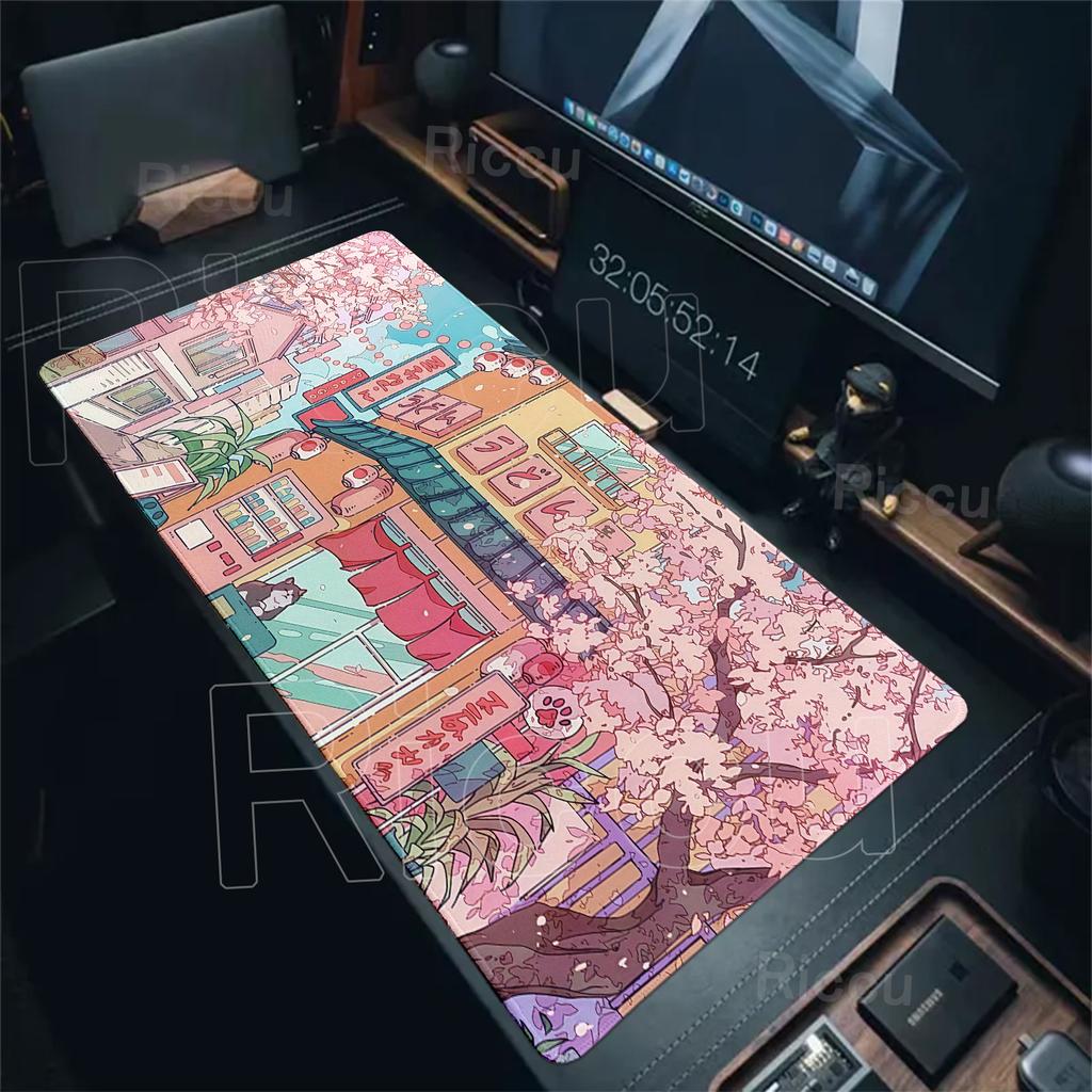 Anime Cat Mouse Pad Pink Cherry Blossom Street Landscape Mousepad Gaming PC Cabinet Mousemat Office Desk Accessories XXL Deskmat