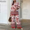 ZANZEA Damen Langarmbluse und Hose Lässiger Print Zweiteilige Anzugsets