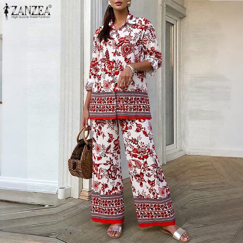 ZANZEA Damen Langarmbluse und Hose Lässiger Print Zweiteilige Anzugsets
