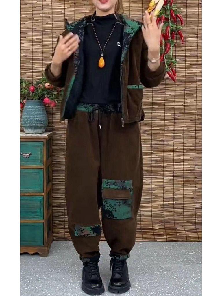 Cord-Kapuzenjacke & Hose Set mit Flanellfutter – Große Größen, Locker & Stilvoll für Herbst/Winter.