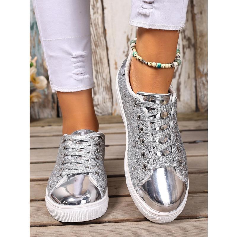 2025 Summer New Arrival Plus Size Sequined Front Lace-Up Solid Color Oversized Sneakers
