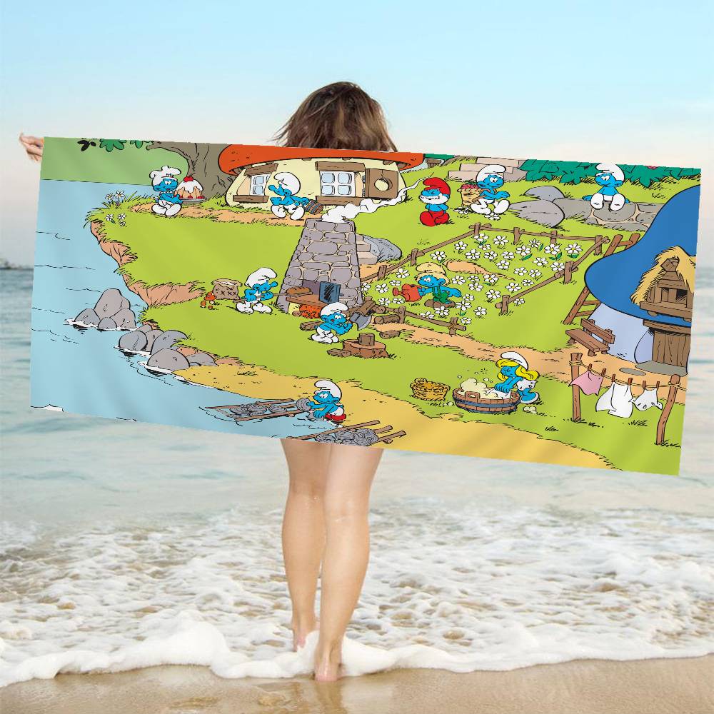 Cartoon Cute S-Smurfs Microfiber Blanket Quick Drying Beach Towels Oversized Printing Super Absorbent Pool Towel Blanket