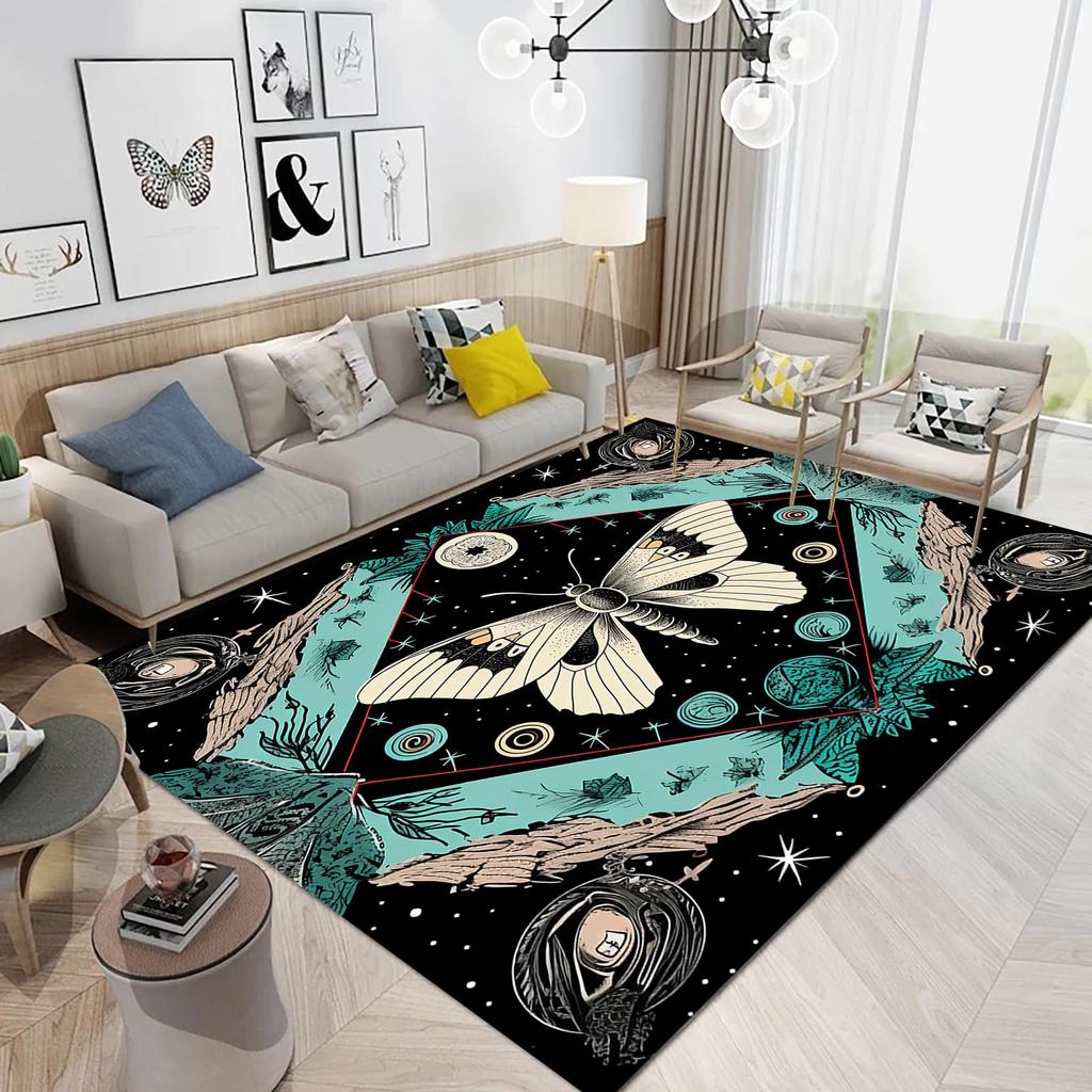 Butterfly Area Rug for Living Room Bedside, Gothic Moth Doormat Astrology Style Carpet Boho Exotic Starry Sky Indoor Floor Mat