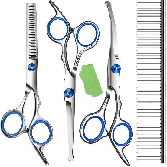 Dog Grooming Scissors with Safety Round Tip,Pet Grooming Scissors Kit,Dog Shears for Grooming,Incude Thinning,Curved Grooming Scissors and Comb for