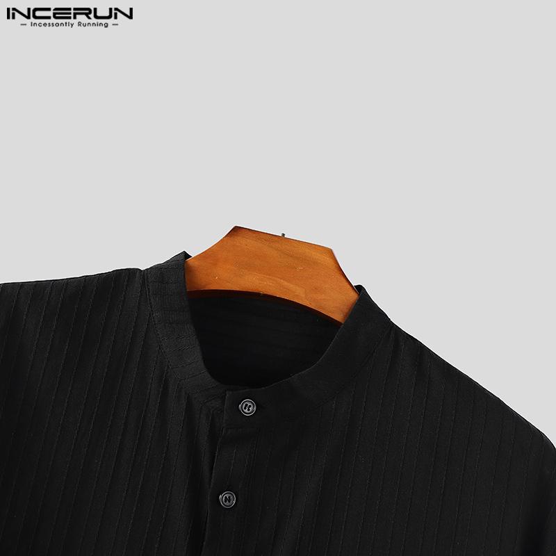 INCERUN Men Collarless Long Sleeve Striped Texture Shirts Casual Tops