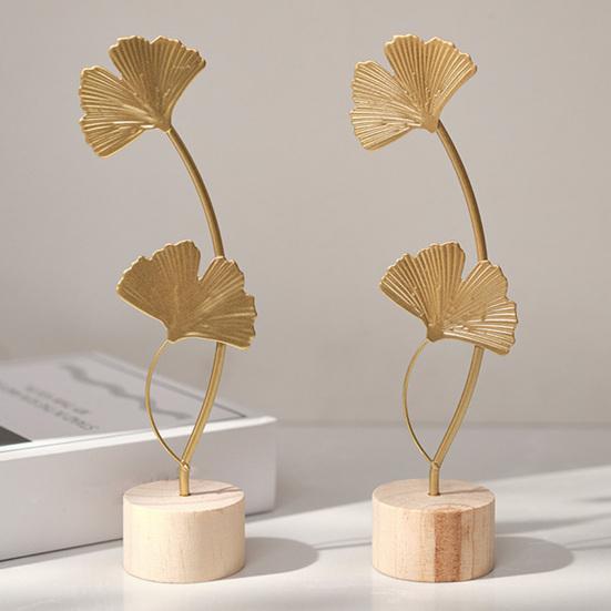 jijijing Metal Leaf Ornaments, Gold Palm Leaf, Ginkgo Feather Statue with Wood Base, Modern Desktop Sculpture for Living Room, Bookshelf, Office Desk