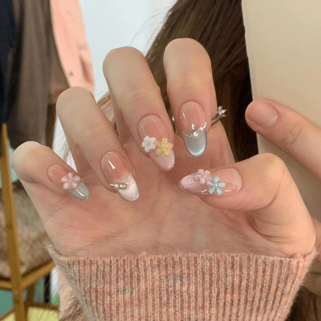 Blush French Cat Eye Princess Bow Nails - Handmade Wearable Nail Art