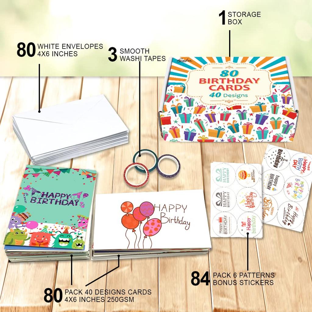 Carte d'anniversaire Feela, carte Joyeux anniversaire, 80 pièces, motif mignon, enveloppe, autocollant d'enveloppe, ruban de masquage inclus, carte de message, célébration, cadeau