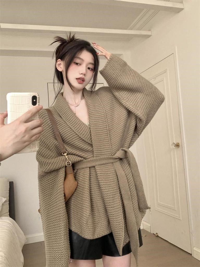 Women's Plus Size French Collar Cardigan Coat - Spring/Autumn Knitted Waist-Tie Top