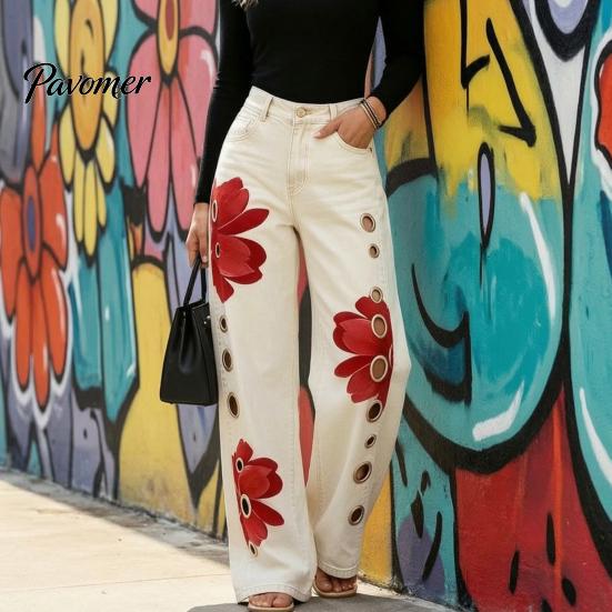 Daily Wear Pants Women High Waisted Wide Leg Jeans, Vintage Floral Print Faux Denim Inspired Trousers, Loose Fit Casual with Pockets & Metal