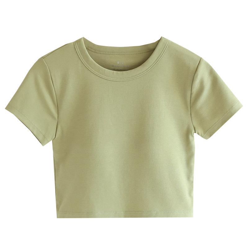 Women's Short-Sleeve Cotton Crop Top with Chest Pads, Round Neck, Summer Wear