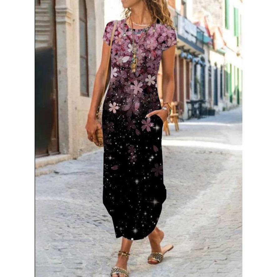 YYFS Women's Fashion Summer Spring Flower Pattern Print Short Sleeve O-Neck Loose Waistline Casual Dresses