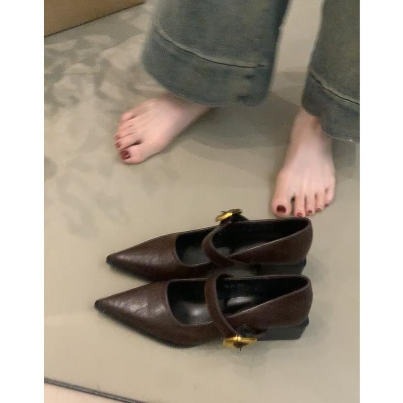 Retro Pointed Thick Heel Single Shoes Women's Black Temperament High Heels One-word Buckle Mary Jane Shoes