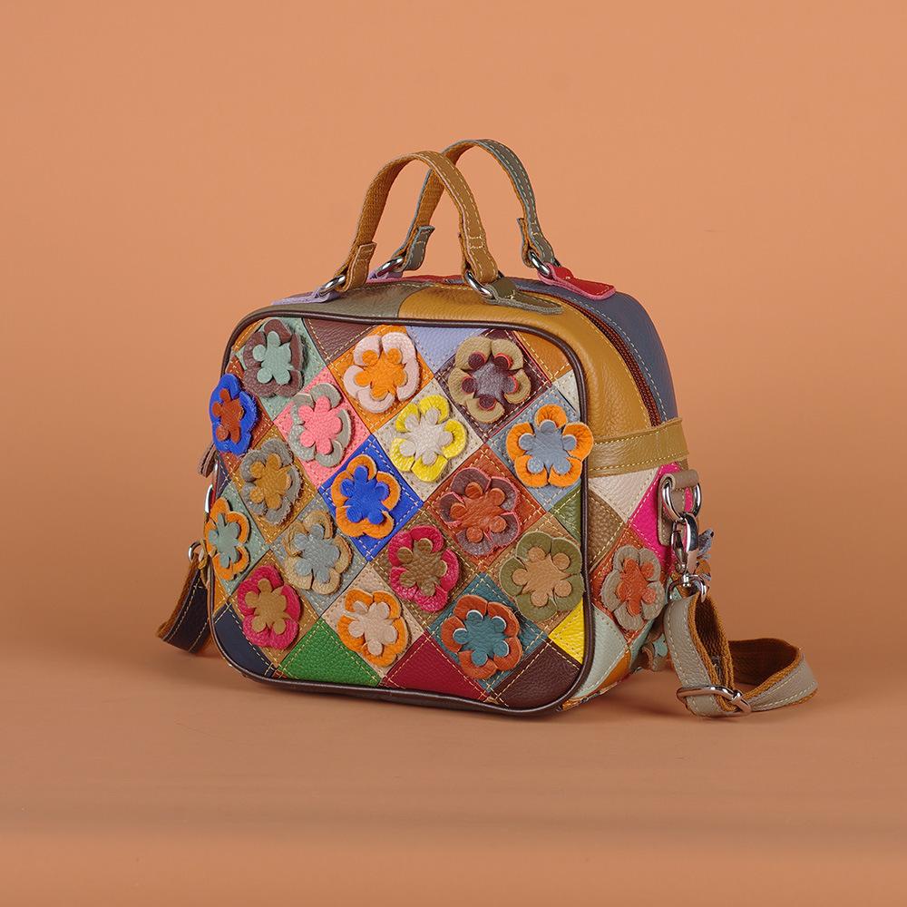 Wind Leather Handbag Messenger Bag Hand-Spliced Flower Women'S Bag Colored Rhombus Leather Small Square Bag Women'S Bag