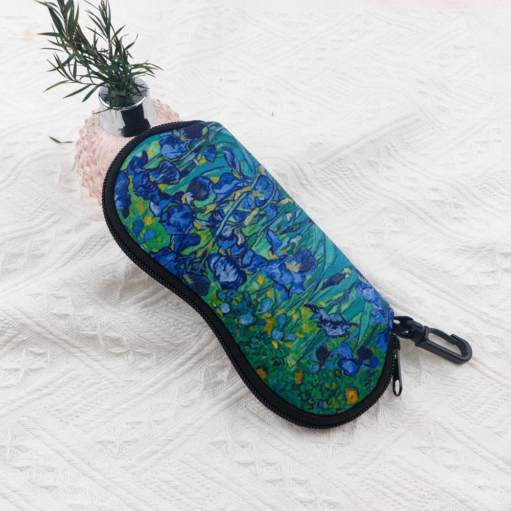 1 st Van Gogh Irissen Kunstprint Brillenetui Draagbare Rits Zonnebril Pouch Met Karabijnhaak Krasbestendig Brillen Beschermtas Kunstliefhebbers Cadeau