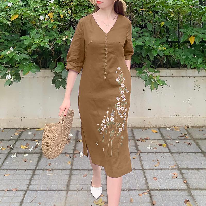 ZANZEA Women Casual V-Neck 3/4 Sleeve Loose Floral Embroidery Dress