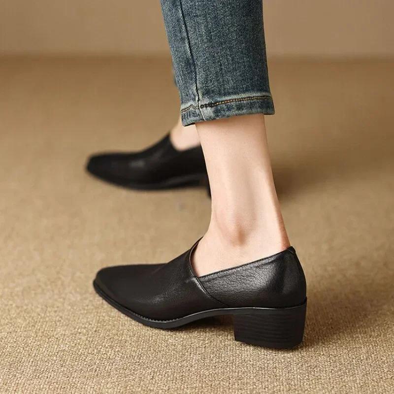 Fashion Single-shoe Girls Spring and Autumn New Thick-heeled Pointy Retro Small Leather Shoes Women's Shoes With