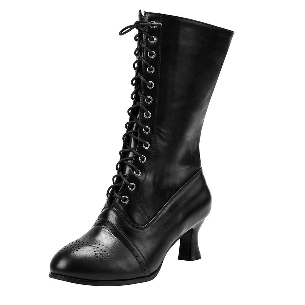 Women Pointed Toe Lace Spike Heels Punk Med Heels Boots Shoes