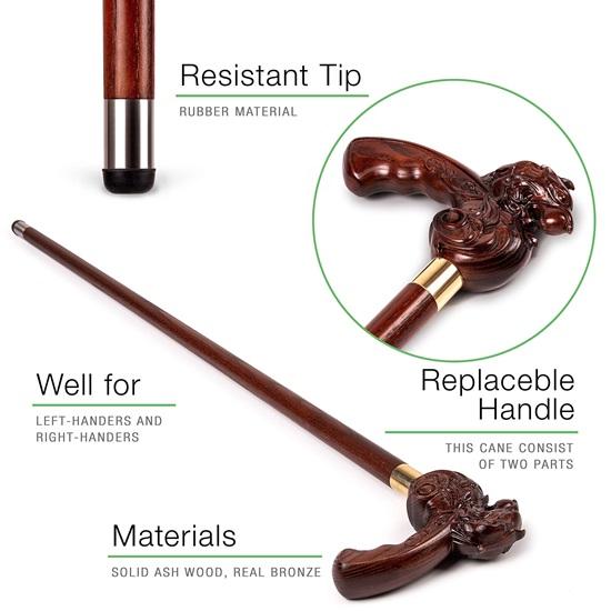 Lion Walking Stick for Men Leon King Wooden Cane for Gentlemen Hand Carved Fashion Derby Baston 91.44 Cm