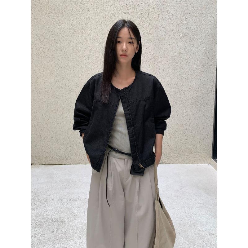Vintage Washed Zipper Jacket Denim Jacket Women's New Autumn Round Neck Loose Short Top