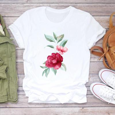 (Tamanho asiático) Camiseta Flor Floral Top Roupa Casual Manga Curta Moda Camiseta Mulheres Estampa Senhora Feminina Anos 90 Bonita Camiseta Gráfica