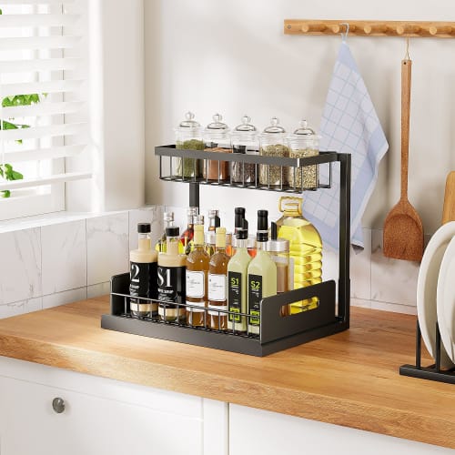 TATIU Under-Sink Storage, Sliding Storage Rack, 2-Tier Kitchen Storage Drawer, Under-Bathroom, Condiment Storage, L-Shaped, Metal, Large Capacity, Eas