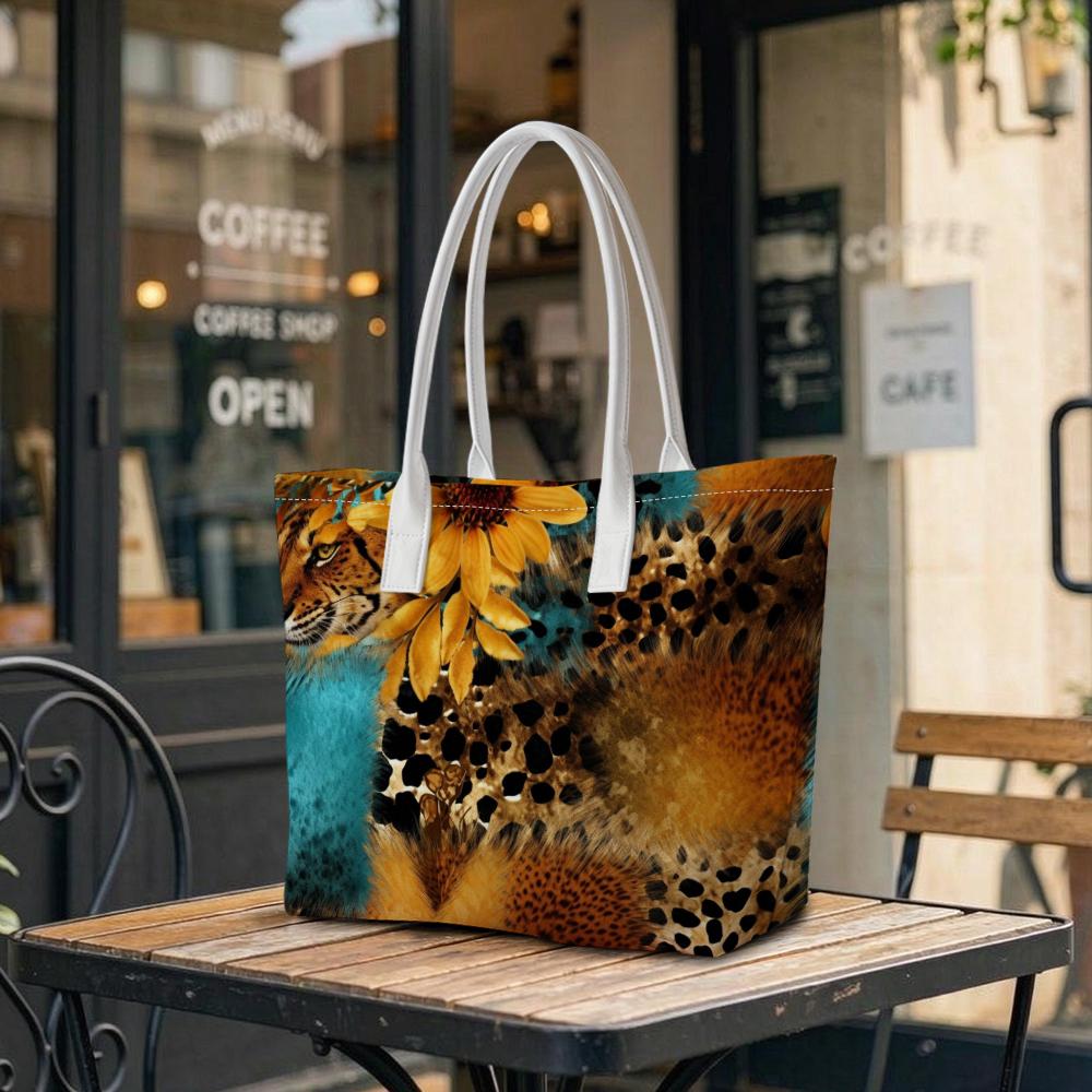 Leopard Sunflower Print Tote Bag Stylish Daily Shoulder Bag for Ladies