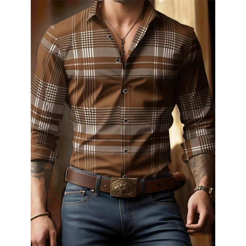 Men's plaid long-sleeved shirt, stylish and casual collared shirt, breathable and versatile top for everyday wear and commuting.