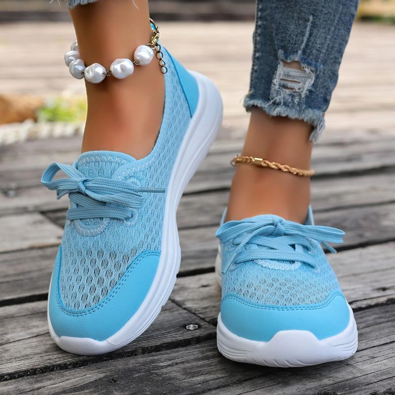 Casual Flat Sneakers Fall New Round Toe Deep Mouth Spliced Mesh Breathable Lace-Up Soft Sole Non-Slip Sneakers
