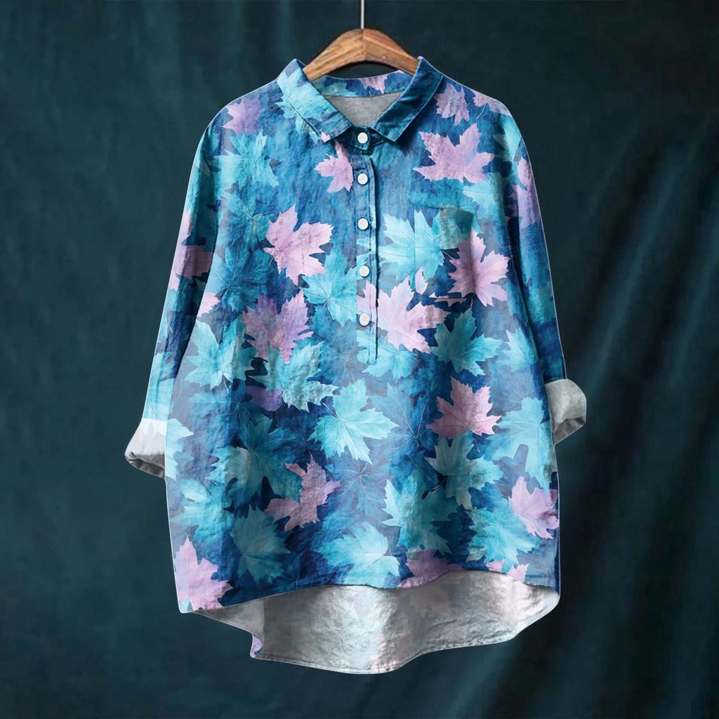 Women's Long Sleeve Shirt Button Vintage Floral Print Casual Hem Irregular Shirt Collar Top
