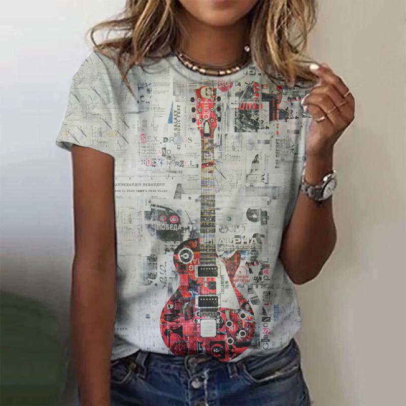 Women's Oversize T-Shirt 3d T-Shirt With Guitars Print Summrt O-Neck Short Sleeve Tops Rock Tee Streetwear Y2k Female Clothing