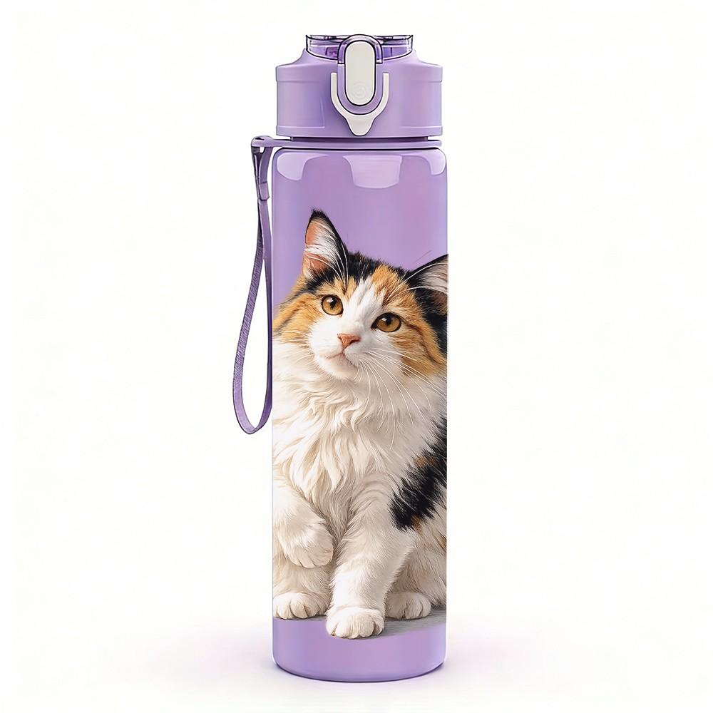 1PC Simple White Kitten Cat Pattern 750ml Color Plastic Sports Water Bottle Leakproof Flip Straw Lid Suitable for Sports Office Home Use