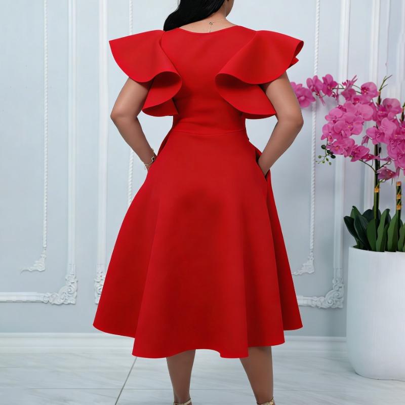 Womens Elegant Ruffle Sleeve Waist Tie A Line Midi Evening Dress