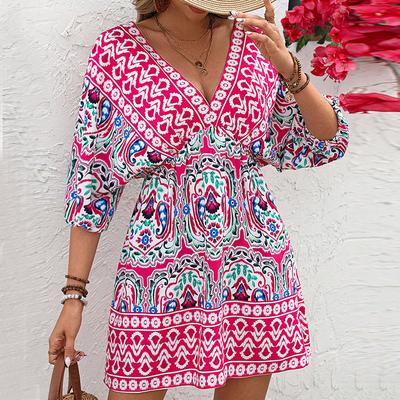 Women Summer Casual Bandage Half Sleeve V Neck Bohemian Holiday Style One Piece Dress