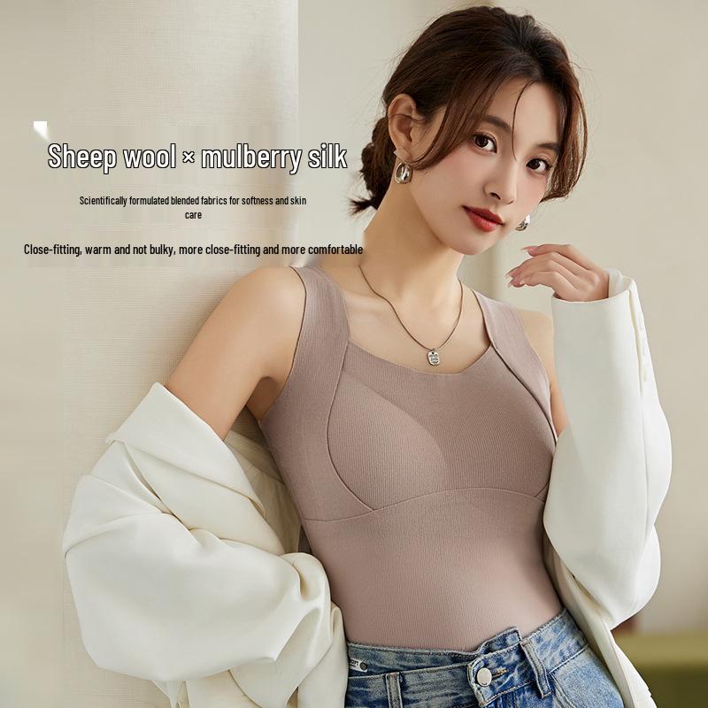 Women's Wool Silk Warm Vest with Chest Pad - No-Wear Style for Autumn/Winter, Thickened Base Layer, Outer/Inner Wear.