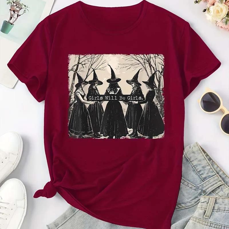 GIRLS WILL BE GIRLS Witch In the Forest Print Sport Crew Neck T-shirts Spring Summer Short Sleeve T-shirts Tops Loose Shirt