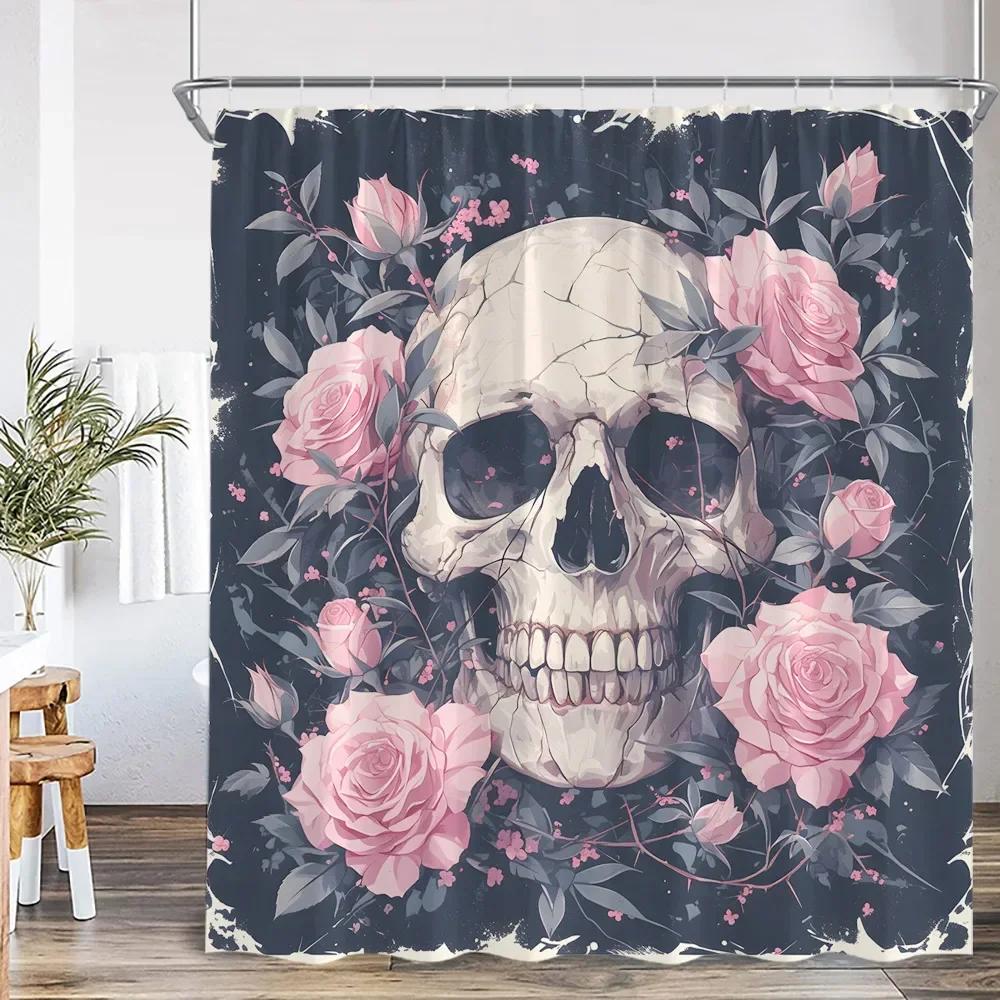 Funny Skull Bone Shower Curtain Halloween Flower Green Leaves Bathroom Decoration Vintage Skull Polyester Shower Curtain