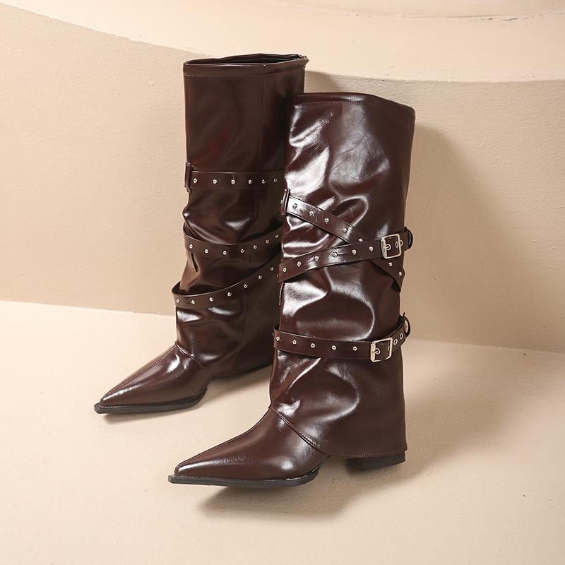 

Temperament Fashion Belt Buckle Rivet Knight Boots Women s Foreign Style High Heel Straight Pants Tube Boots 35
