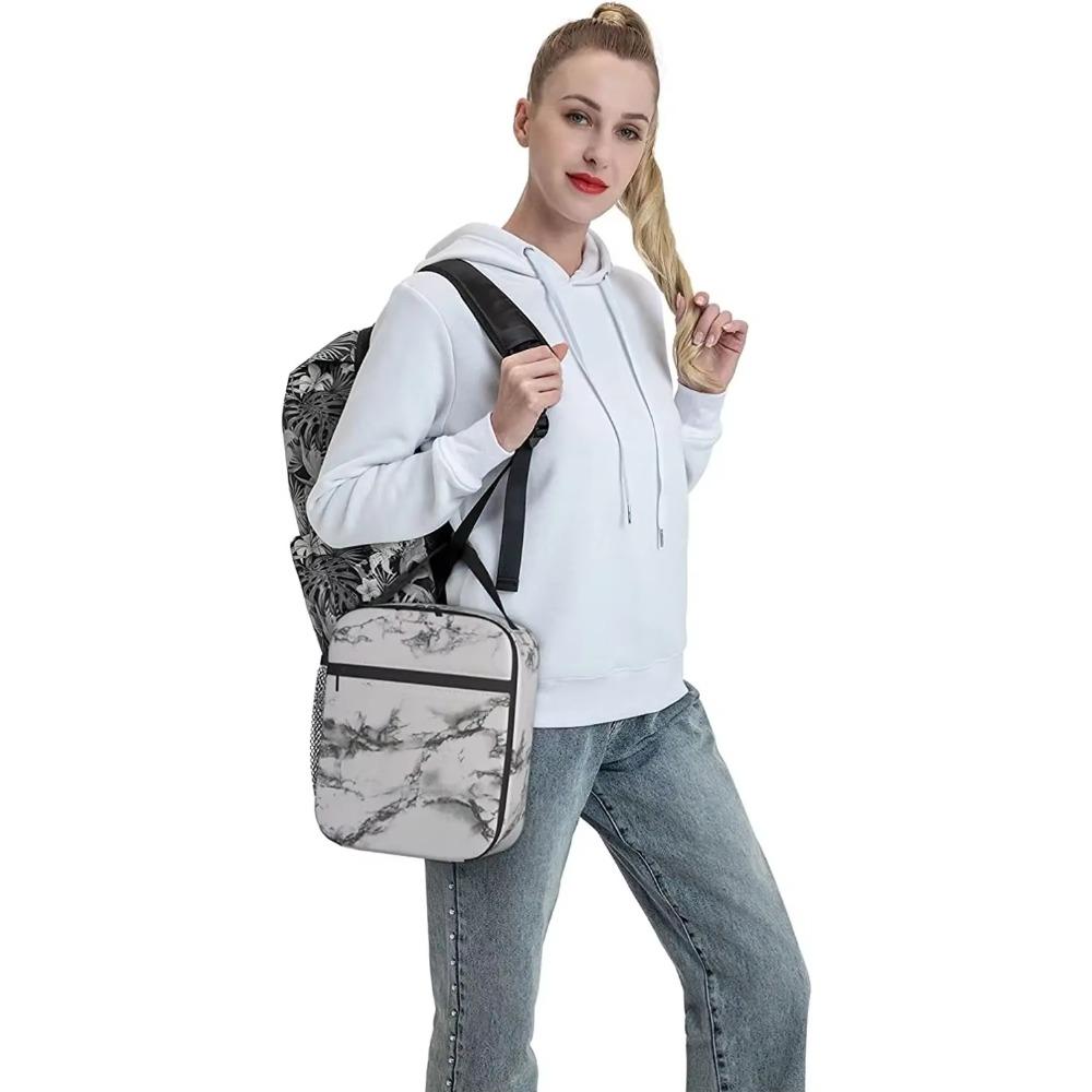 Lunch Box Insulated Lunch Bag for Women Men White Marble Black Texture Reusable Cooler Tote Bags for Work Picnic Outdoor