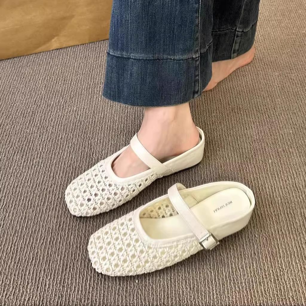 Piękne platformy na koturnie, buty z siatki rybackiej, zakryte palce, półkapcie damskie na lato 2025, nowe ażurowe buty, klapki Muller, fajne klapki