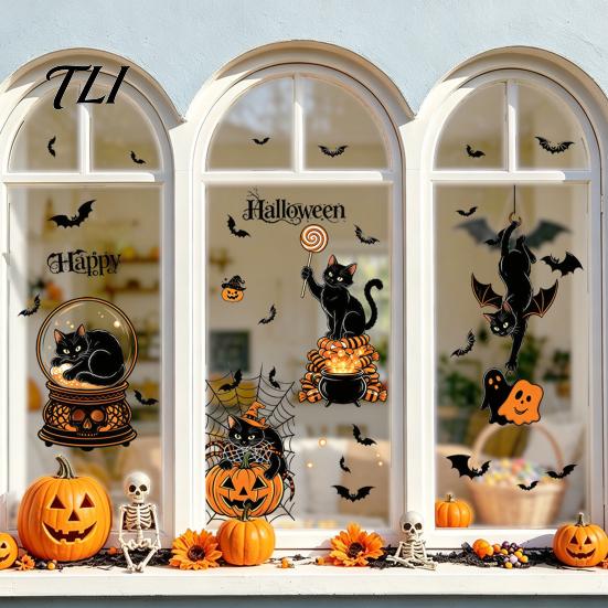 Outdoor Balcony Scene Setting 4Pcs Halloween Cartoon Window Clings, Pumpkin Ghost Scarecrow Stickers, Decorative Glass Decals for Party