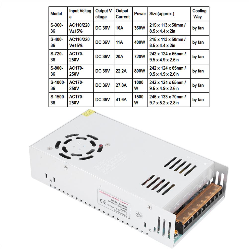 Power Supply Driver Adapter Aluminum Alloy 36V LED Screen Strip Light 3D Printer(S‑360‑36;36v 10a 360W: AC110Celsius220V+Celsius-