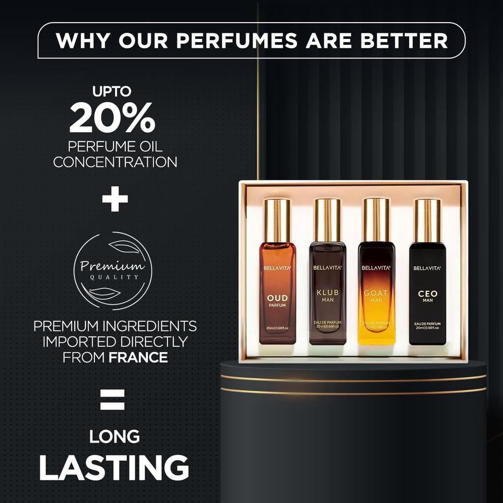 Bella Vita Luxury Long Lasting Men Perfume Gift Set 4x20ml Woody Citrusy Oud Premium Fragrance