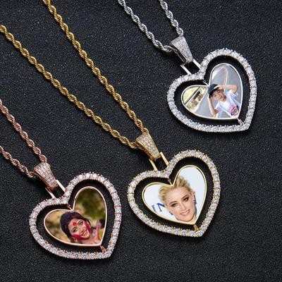 European Double-Sided Heart Photo Necklace with Rotatable Zirconia-Inlaid Frame
