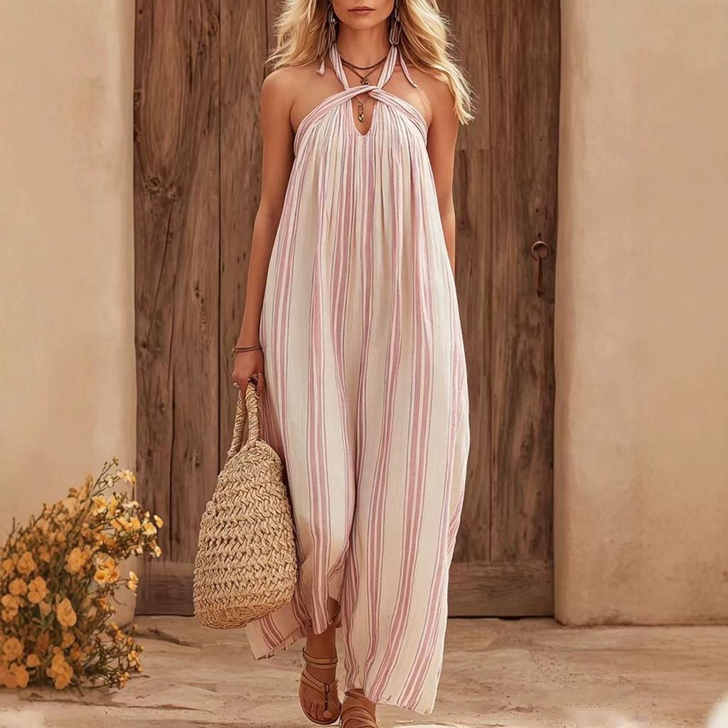 European and American new products Lazy wind neck striped sleeveless dress Contrasting colors Sexy backless women's long dress