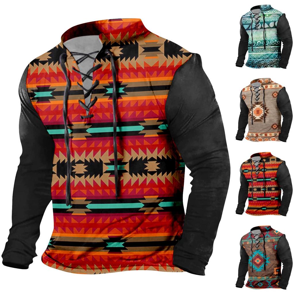 Men's Fashion Casual Printed Long Sleeve Bandage Retro Shirt Top Blouse