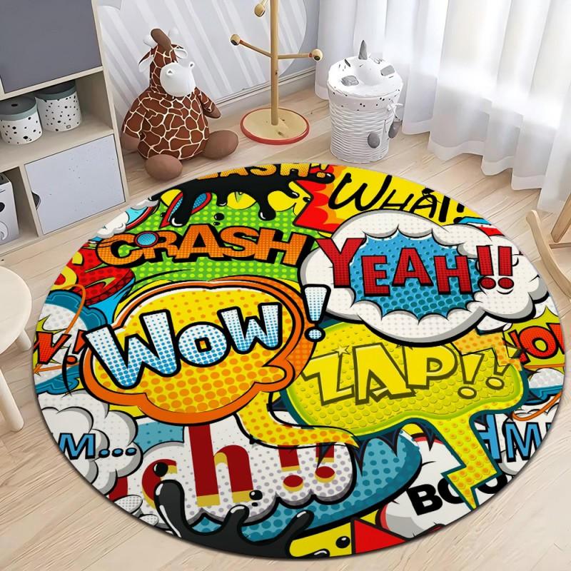 Hip Pop Doodle Print Round Area Rug for Kids Bedroom  Anti Slip Washable Flannel Carpet for Home Living Room  Round Floor Mat