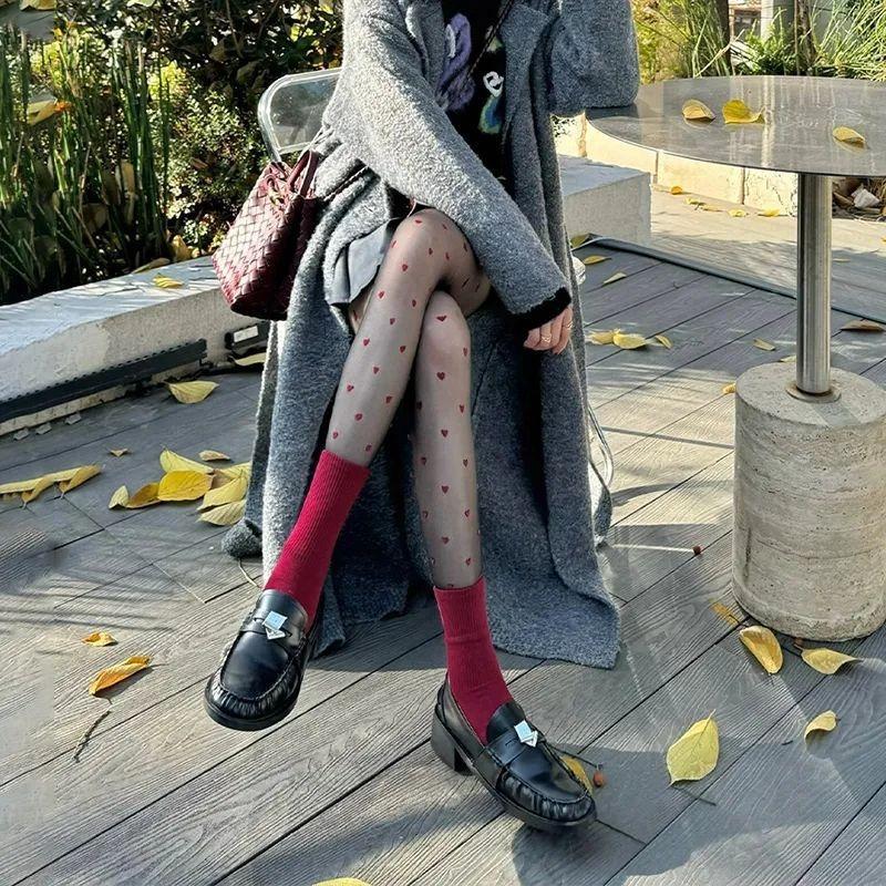 Exquisite Red Heart Print Silk Stockings Sweet Girl Christmas Gifts Nylon Tights Women Sexy Nightclub Alluring Hosiery Pantyhose