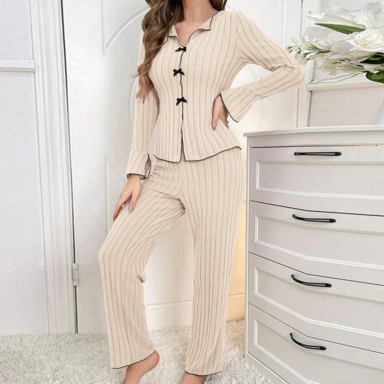 Women's Pajama Set Long Sleeve Top And Wide Leg Long Pants Lounge Set Casual Slim 2 Piece Pjs Sleepwear